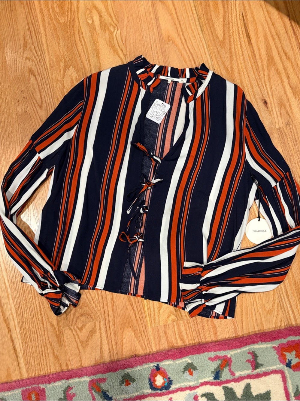 Tularosa Navy, Orange & White Striped Lace-Up Blouse